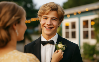 A young teen male smiles with braces while his Homecoming date pins the flower to his tux.